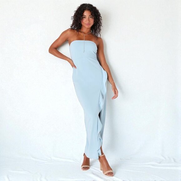 Lulus After Hours Light Blue Strapless Ruffled Maxi Dress Size Small - Picture 1 of 9